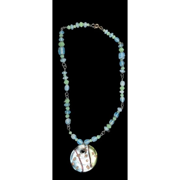 Handmade Whimsical Wire Wrapped Blue And Green Glass Pendant Necklace - Picture 1 of 8